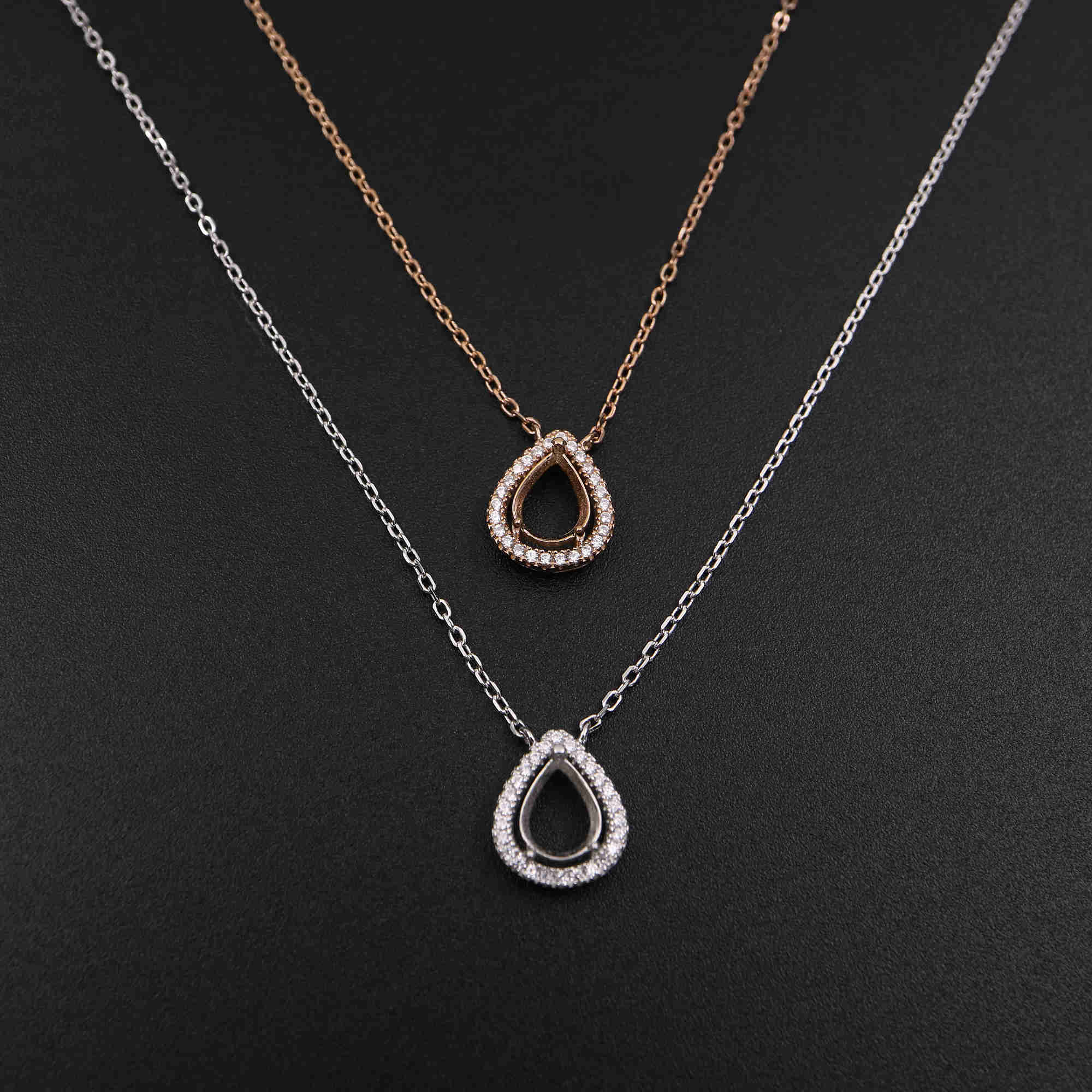 1Pcs 6X8MM Pear Bezel Halo Pave Pendant Settings Rose Gold Plated Solid 925 Sterling Silver Necklace 16Inches +2 Inches Extension DIY Gemstone Supplies 1431046 - Click Image to Close